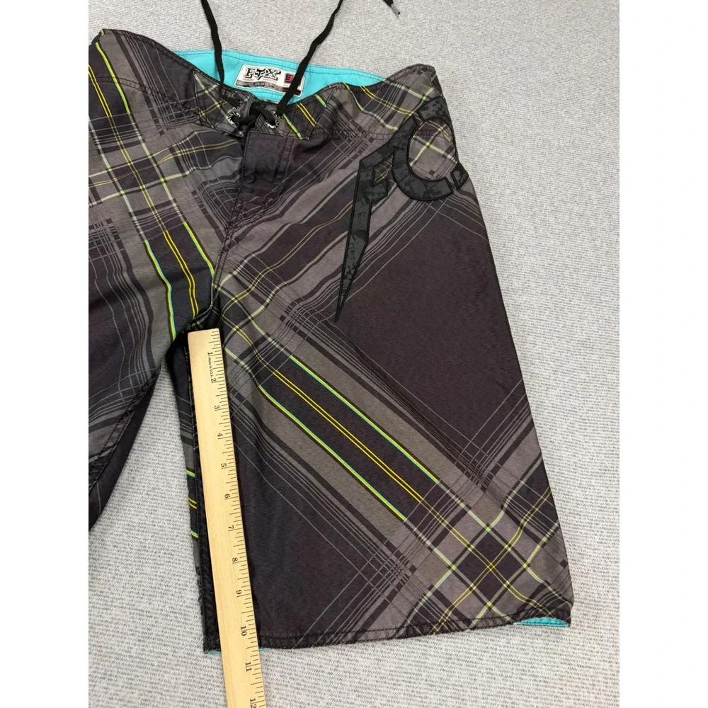 Fox Racing Mens Plaid Board Shorts Size 34 Gray Neon Green Cargo Pocket Swimwear